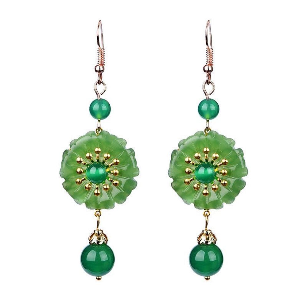 Chinese Handmade Gold Green Flower Jade Gold Earrings